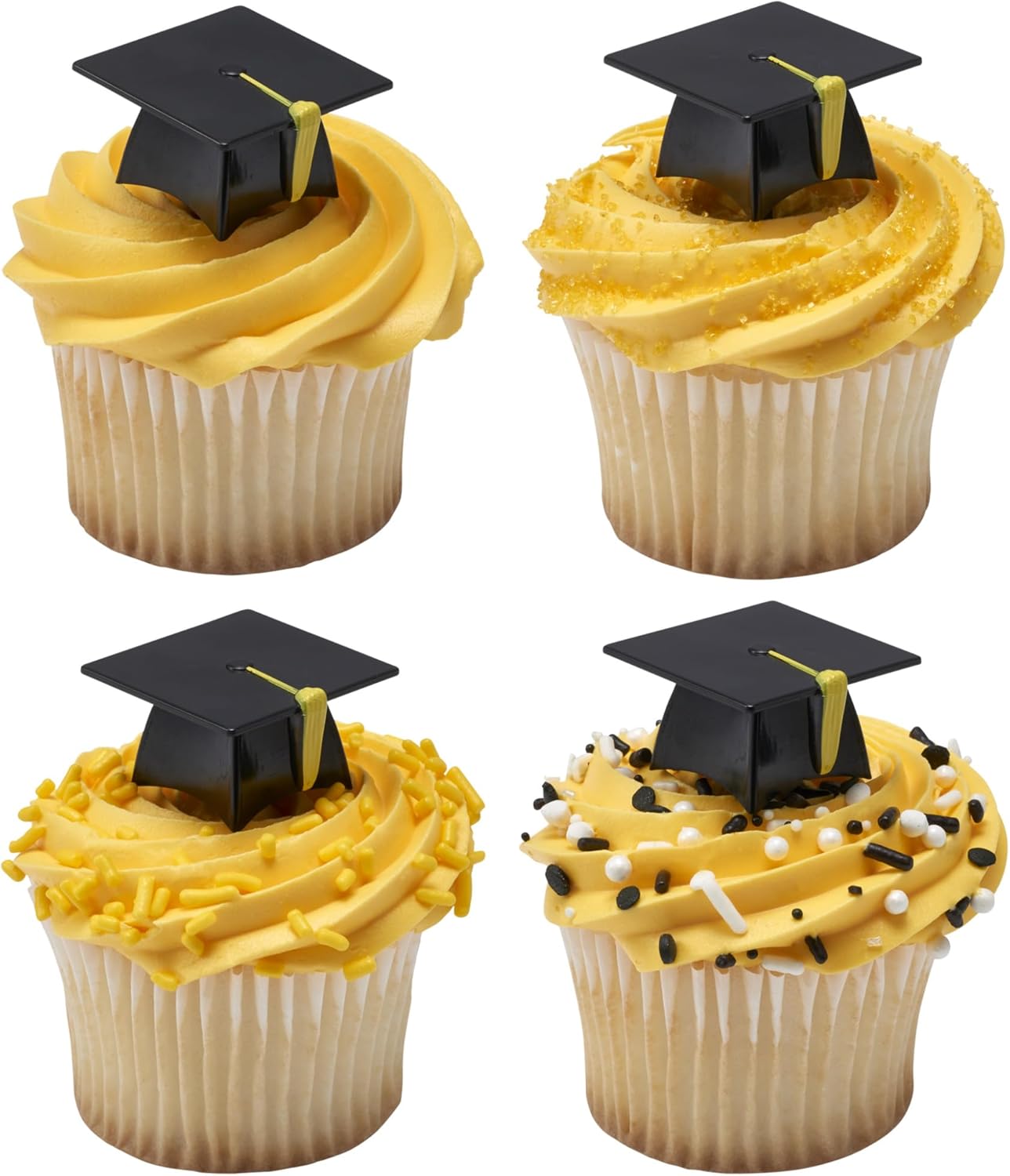 DecoPac Grad Hat Cupcake Toppers, 24 Graduation Cake Pics, Black Grad Hat DecoPics, Food Safe Cake Decorations - 24 Pack