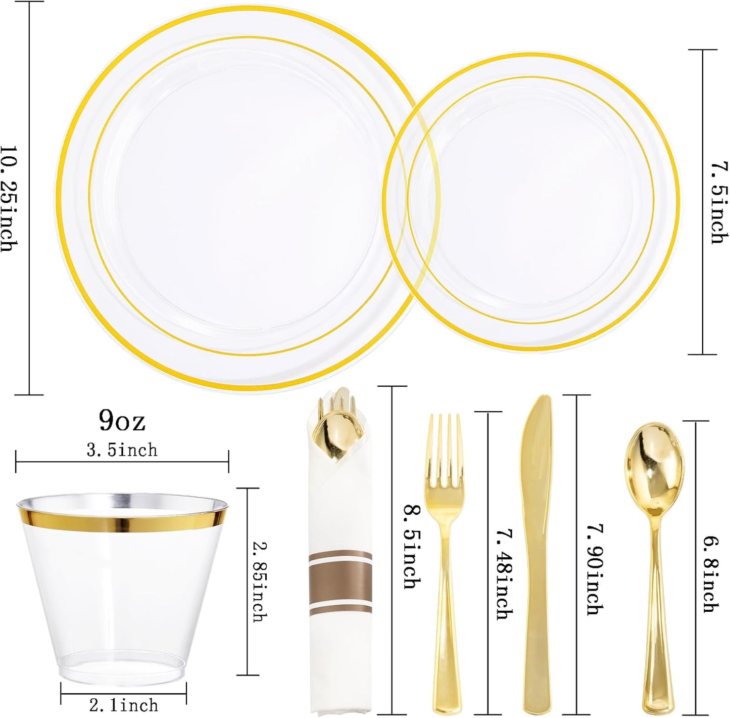 WELLIFE 350-Piece Gold Disposable Plates and Cutlery Set - Premium 10.25" Dinner Plates, 7.5" Dessert Plates, 9oz Cups & Cutlery for Weddings, Catering Events - 50 Guest Service - Elegant & Sturdy
