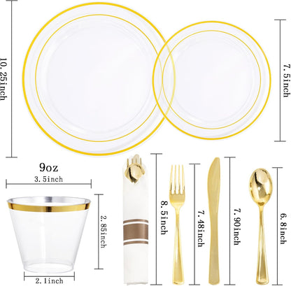 WELLIFE 350-Piece Gold Disposable Plates and Cutlery Set - Premium 10.25" Dinner Plates, 7.5" Dessert Plates, 9oz Cups & Cutlery for Weddings, Catering Events - 50 Guest Service - Elegant & Sturdy