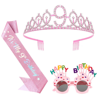 YARIEW 3rd Birthday Decorations, 3rd Glitter Purple Sash and Crown Kit with Happy Birthday Sunglasses, Tiara Princess Crown and Sash Party Outfit Accessory
