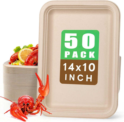 Gezond 50 Pack 14 Inch Disposable Food Trays Eco-friendly Heavy-Duty Large Paper Plates Compostable Sugarcane Platters for Crawfish Lobster Seafood Party Natural