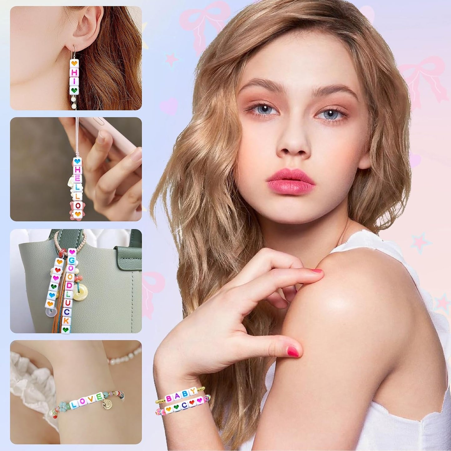 Amaney 1400pcs Glow Letter Beads, Heart Beads Whit Elastic Beading Cord,4x7mm Round Acrylic Alphabet Beads for Friend Bracelet Jewelry Making