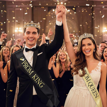 Lyrow 4 Pcs Prom King and Queen Crown Set, Prom King Crown with Sash for Graduation, Queen Tiara with Sash for Grad Couple Accessories Homecoming Birthday Party(Cute,Black,White)