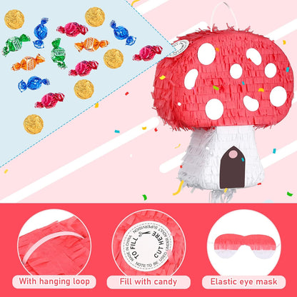 Charniol Mushroom Pinata with Stick and Blindfold, Paper, Baby Shower, Fantasy Theme Decoration