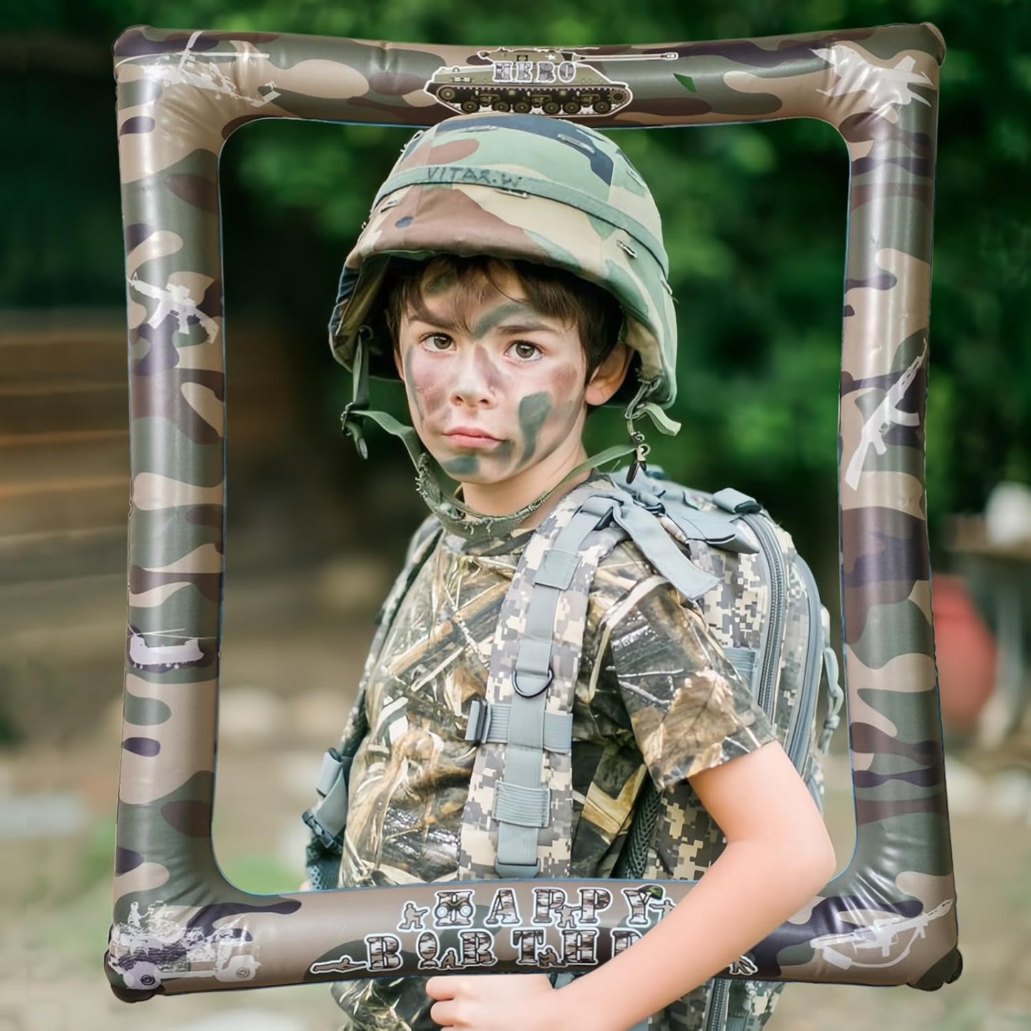 Army Soldier Theme Birthday Party Inflatable Selfie Photo Frame Military Camouflage Blow up Picture Frame Party Supplies for Army Lovers Fans Birthday Field Battle Party