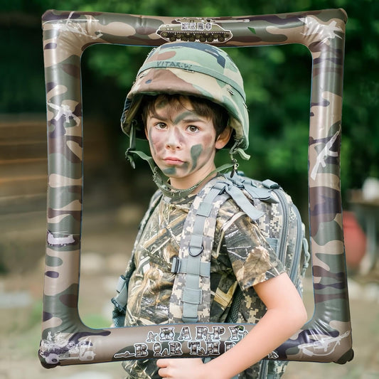 Army Soldier Theme Birthday Party Inflatable Selfie Photo Frame Military Camouflage Blow up Picture Frame Party Supplies for Army Lovers Fans Birthday Field Battle Party