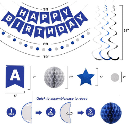 meowtastic Birthday Decorations, Happy Birthday Banner with Honeycomb Balls, Stars Hanging Swirl Streamers, Circle Dots Garland, Happy Birthday Party Decorations for Women Men Boys Girls (Blue)
