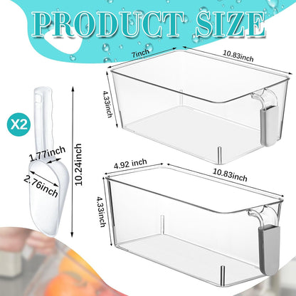 Havawish Ice Storage Bin and Flexible Scoop Set Plastic Freezer Bin with Pull Out Handle Storage Bucket Clear for Container with Scoop(Grey,10.83 x 4.92 x 4.33 in,Classic)