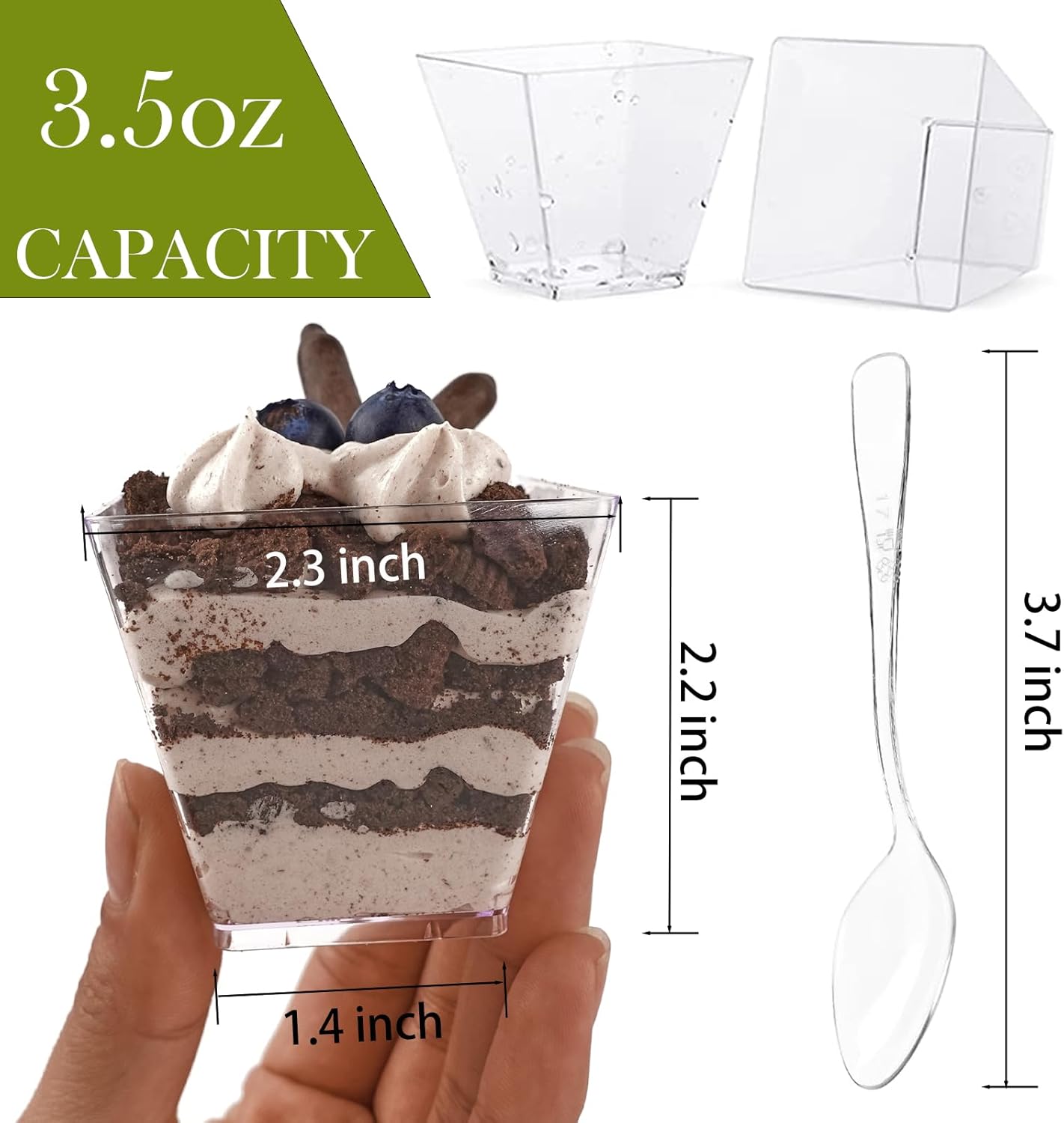 50 Pack 3.5 oz Square Dessert Cups with Spoons, Mini Plastic Parfait Appetizer Cups, Clear Reusable Small Shooter Cups, Serving Bowls for Tasting Party Samples Dessert Shot Glasses