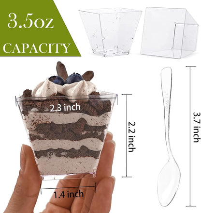 50 Pack 3.5 oz Square Dessert Cups with Spoons, Mini Plastic Parfait Appetizer Cups, Clear Reusable Small Shooter Cups, Serving Bowls for Tasting Party Samples Dessert Shot Glasses