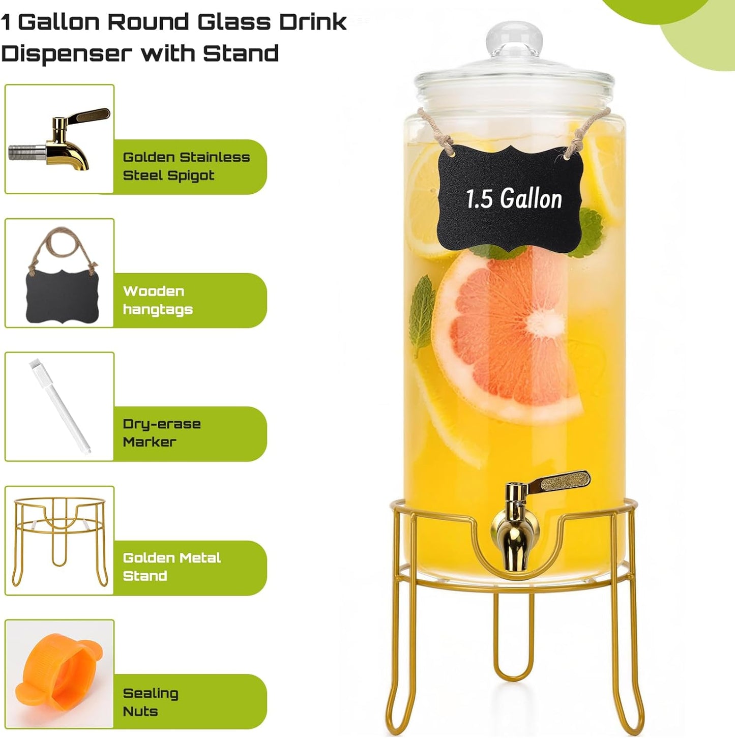DHSBTLS 1.5 Gallon Glass Drink Dispensers, Round Beverage Dispenser for Party, BBQ and Picnic, Clear Airtight Juice Dispenser with Golden Stand, Stainless Steel Spigot, Markers and Chalkboard