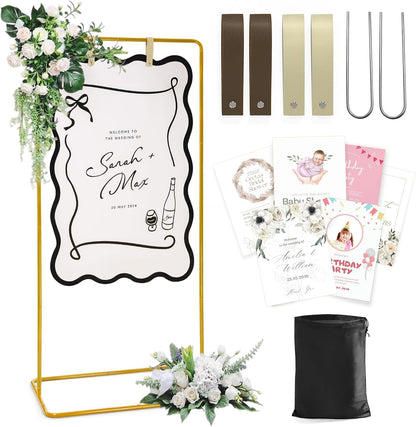 Wedding Welcome Sign Stand, Welcome to our Wedding Sign Holder, Black Easel Stand for Sign Poster With Design Bundle & Ground Stakes & Leather Sign Hanging Straps, Linen Sign Stand for Wedding Decor