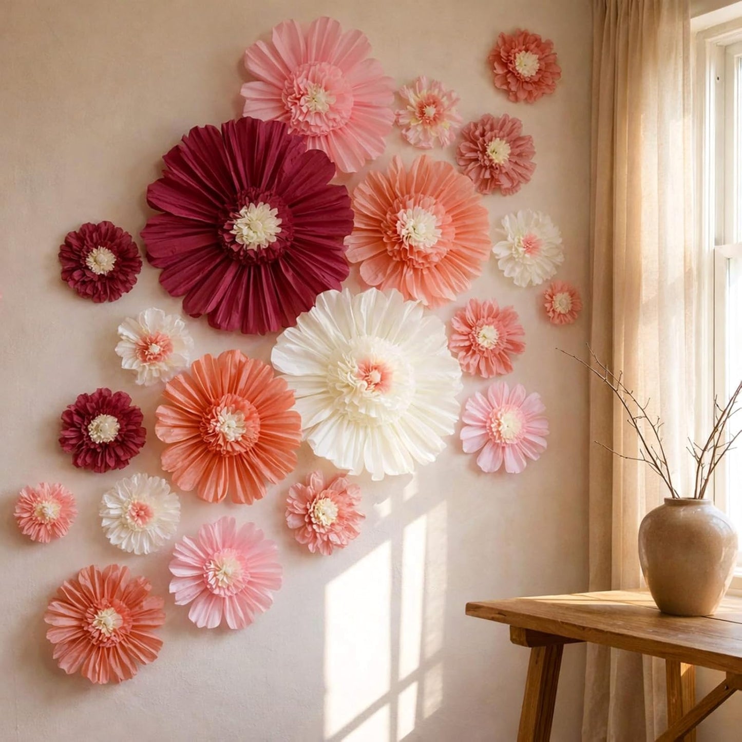 Giegxin 20 Pcs 31.5'', 23.6'', 11.8'', 9.8'' Pink Giant Paper Flower Boho Large Tissue Flower for Wall Pink Pom Pom Floral Decoration for Wall Wedding Bridal Shower Classroom Tea Party Birthday Decor