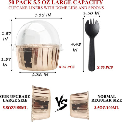 Cupcake Liners with Lids 50 Pack,LNYZQUS 5oz Large Foil Cupcake Cups Muffin Tins,Disposable Baking Cups Muffin Liners Wrappers Holders for Wedding Valentine-Pink in gold