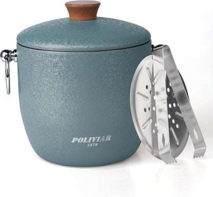 POLIVIAR Ice Bucket, 2.5L Double Wall Ice Bucket with Lid, Stainless Steel Ice Bucket with Tong & Strainer, Ice Bucket for Cocktail Bar, Home & Parties, JX2023-IBLU