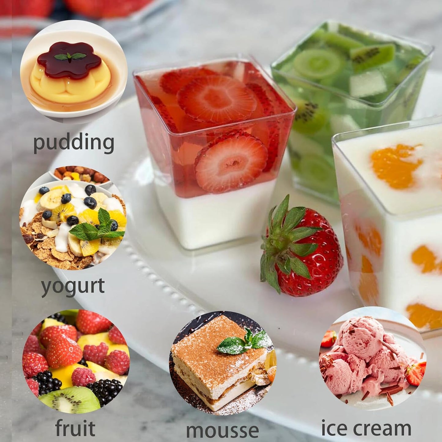 Hiasobre 50Pack 5oz Plastic Dessert Cups with Lids and Spoons, Reusable Clear Parfait Appetizer Cups, Square Party Shooter Serving Cup, Mini Dessert Shot Glasses for Tasting