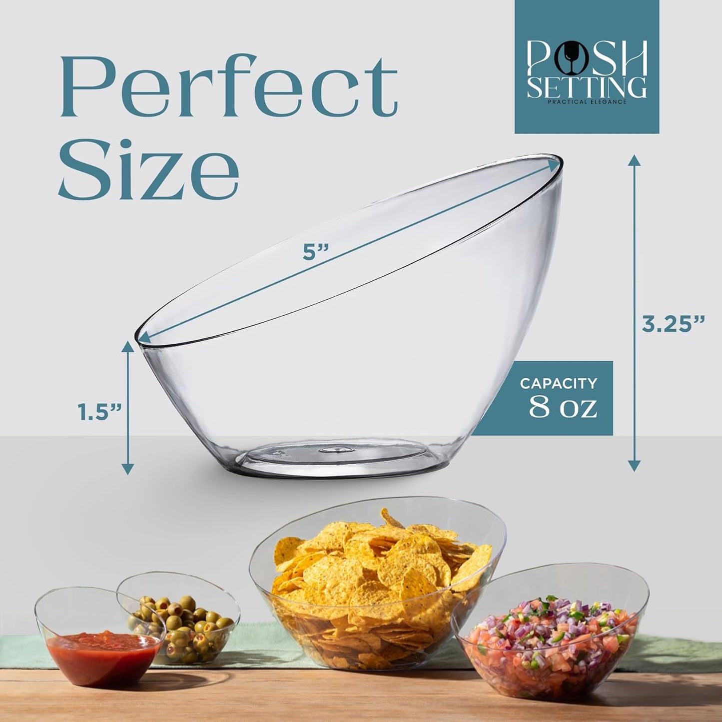 Posh Setting Crystal Clear, Disposable Premium Hard Plastic Medium Angled Bowl, Party, Salad, Snack and Fruit Bowl 5 Pack