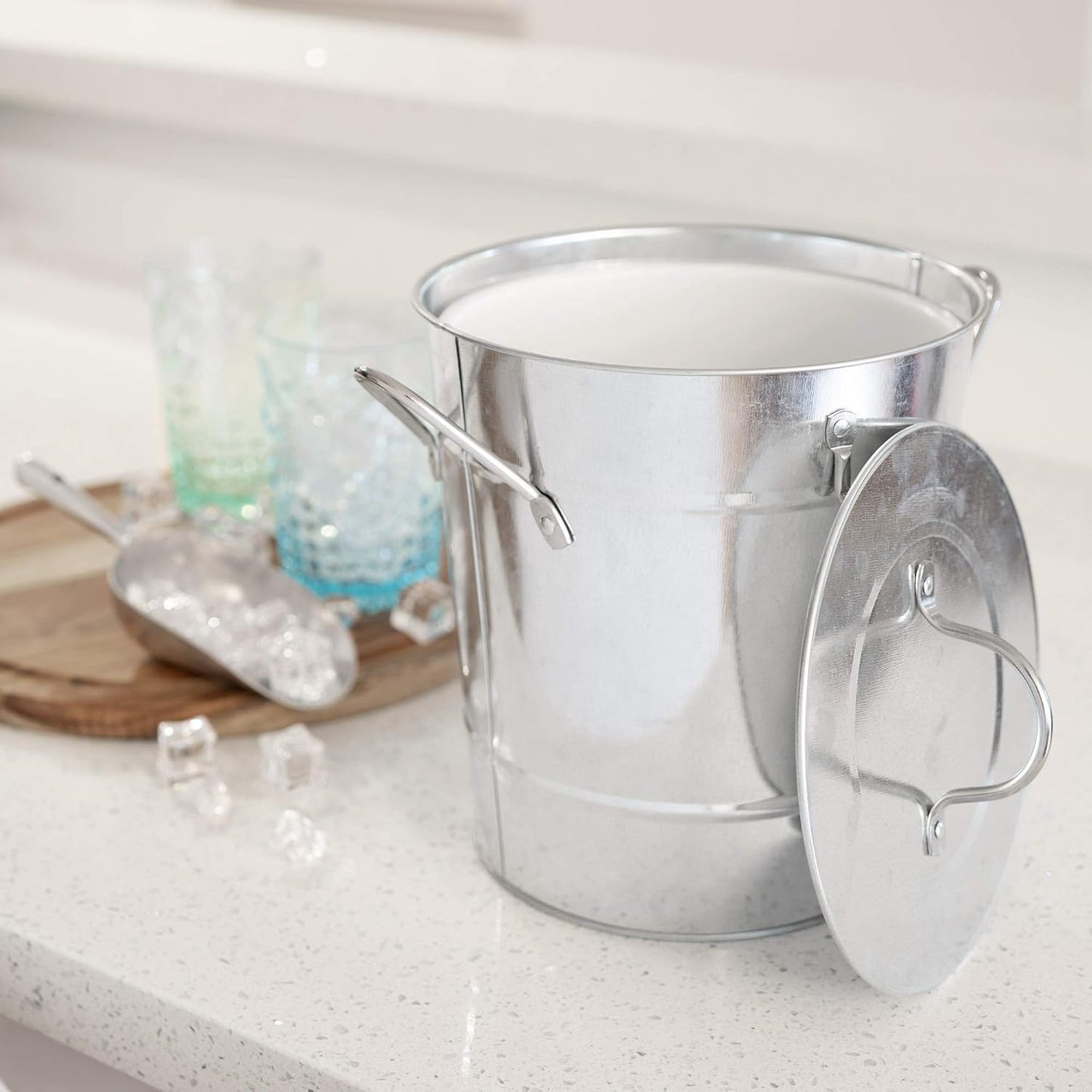 Twine Farmhouse Ice Bucket with Scoop - Beverage Tub Wrapped with Rope for Parties - Galvanized Metal Bucket Cooler & Drink Tub Holds 1 Gallon