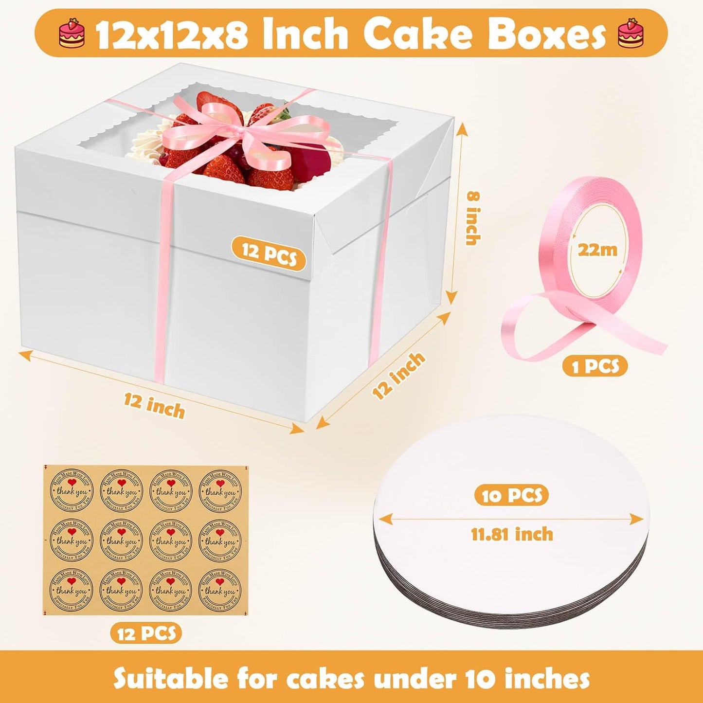 12 Pcs Cake Boxes 12 inch,12x12x8 Inches Cake Box with Window, 5 Pcs Tall 12x12 Cakes Boxes with 5 Pcs Cake Boards, Large Baking Boxes, White Square Cakes Containers for Multi-Layer Cakes