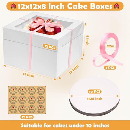 12 Pcs Cake Boxes 12 inch,12x12x8 Inches Cake Box with Window, 5 Pcs Tall 12x12 Cakes Boxes with 5 Pcs Cake Boards, Large Baking Boxes, White Square Cakes Containers for Multi-Layer Cakes