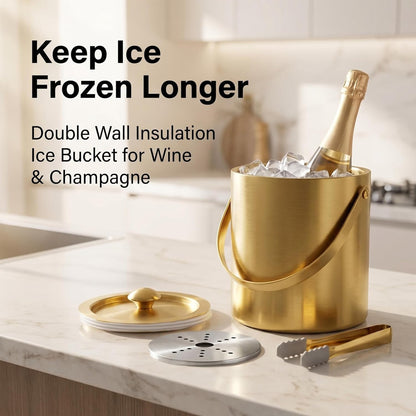 Gold Ice Bucket with Lid, Handle and Tong Insulated Stainless Steel Champagne Bucket 3L Wine Bucket for Party Bar Cart Accessories Large Double Wall Bucket Keep Frozen