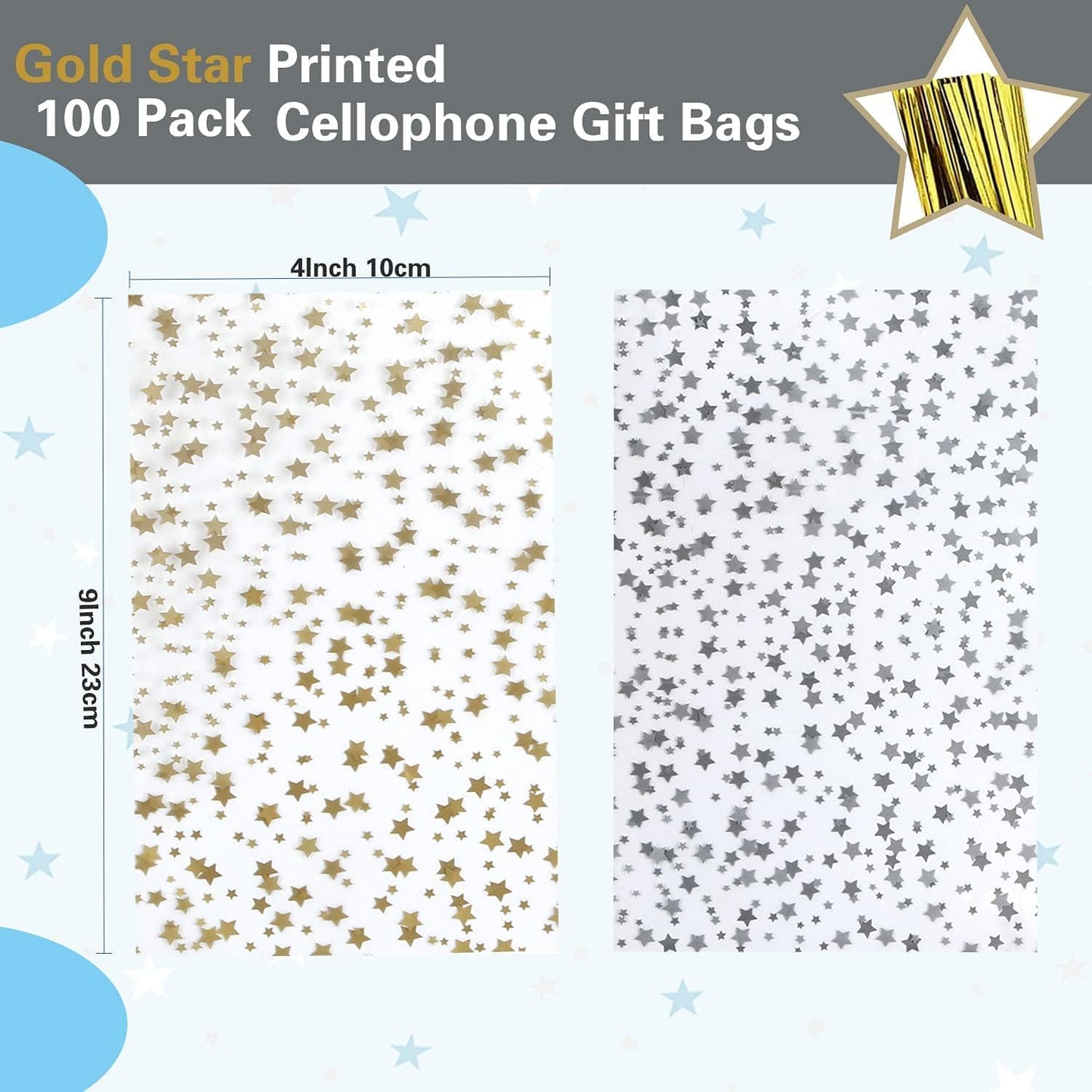 100 Pcs Star Printed 5"X 7" Gift Wrap Cello Cellophane Treat Bags Party Favor bags Clear Candy Cookie Bag Plastic Poly Goodie Storage Bag with Twist Ties for Bakery,Birthday, Wedding ,Party Decorations (Gold)