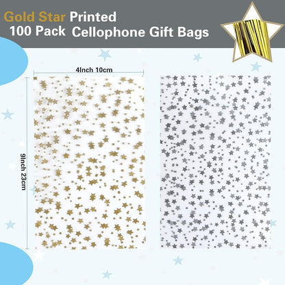 100 Pcs Star Printed 5"X 7" Gift Wrap Cello Cellophane Treat Bags Party Favor bags Clear Candy Cookie Bag Plastic Poly Goodie Storage Bag with Twist Ties for Bakery,Birthday, Wedding ,Party Decorations (Gold)