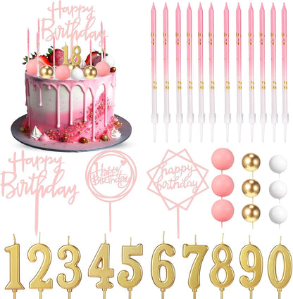 Yerliker 34 Pcs Happy Birthday Cake Toppers Decorations Birthday Candles DIY Cake Decor for Men Women Wedding Anniversary(Gold)