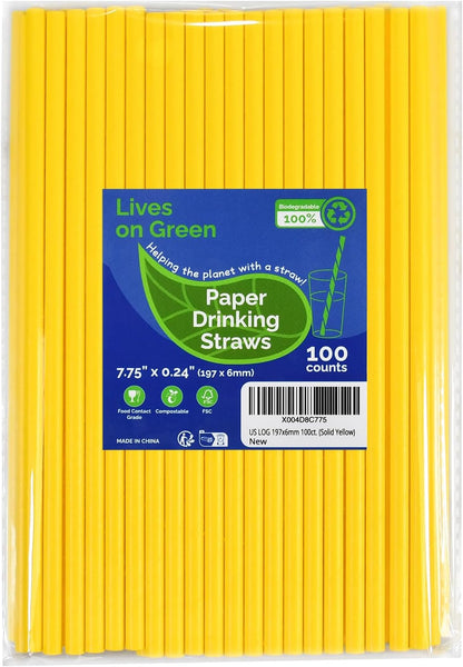 Disposable Paper Straws Solid Green - 7.75'' x 0.24'', 100 Counts - for Drinking, Beverage, Juice, Soda, Bar Supplies