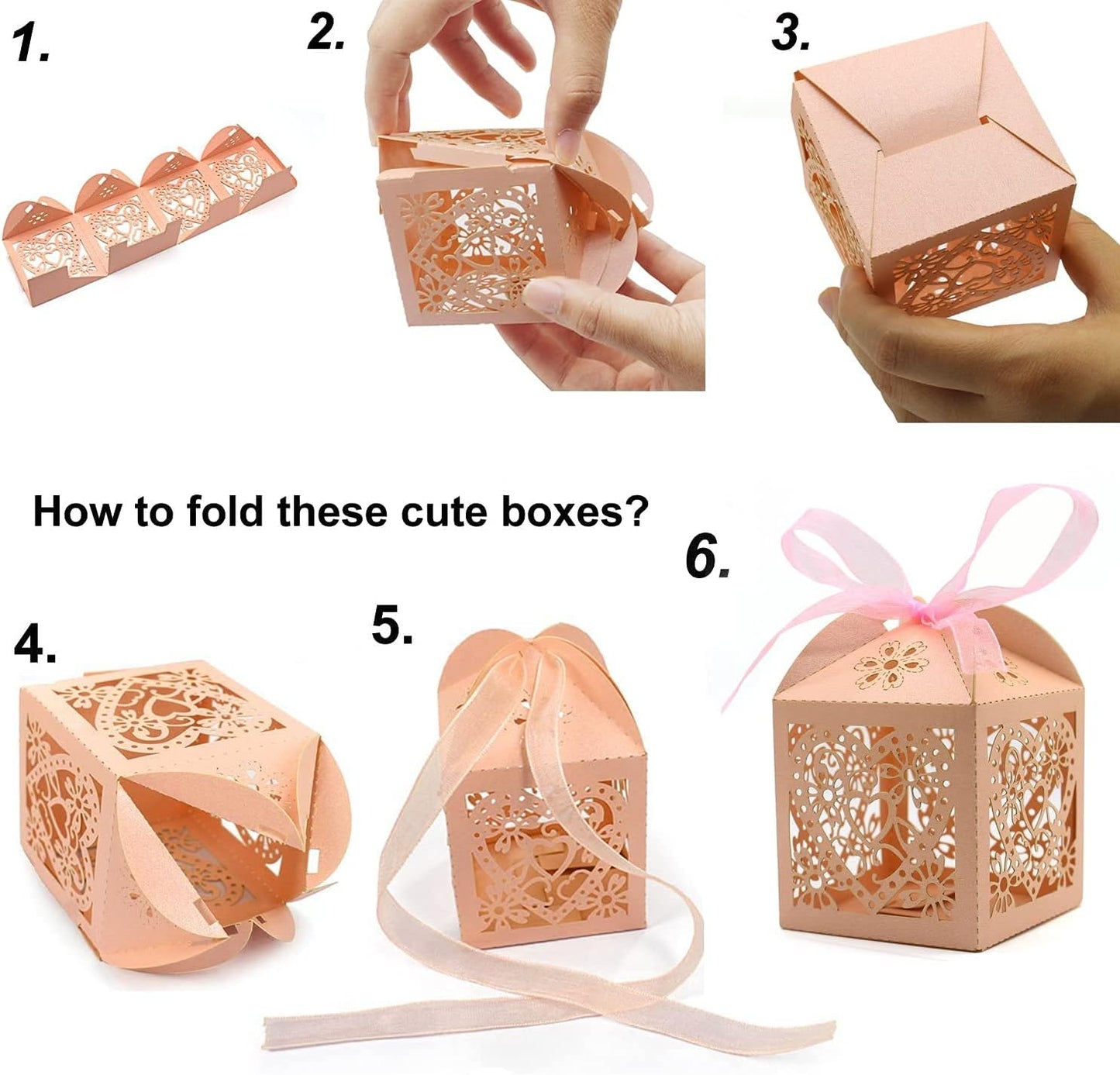 KPOSIYA 100 Pack Wedding Favor Boxes Laser Cut Boxes Party Favor Box Small Gift Boxes Lace Candy Boxes for Wedding Bridal Shower Baby Shower Birthday Party Anniverary with Ribbons (Pink, 100)