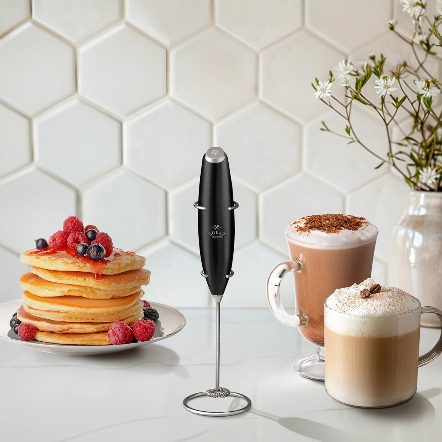 Zulay Kitchen Powerful Milk Frother Wand With Duracell Batteries - Ultra Fast Handheld Drink Mixer - Electric Whisk Foam Maker for Coffee, Lattes, Cappuccino & Matcha - Z1 Motor - Black - Colors C