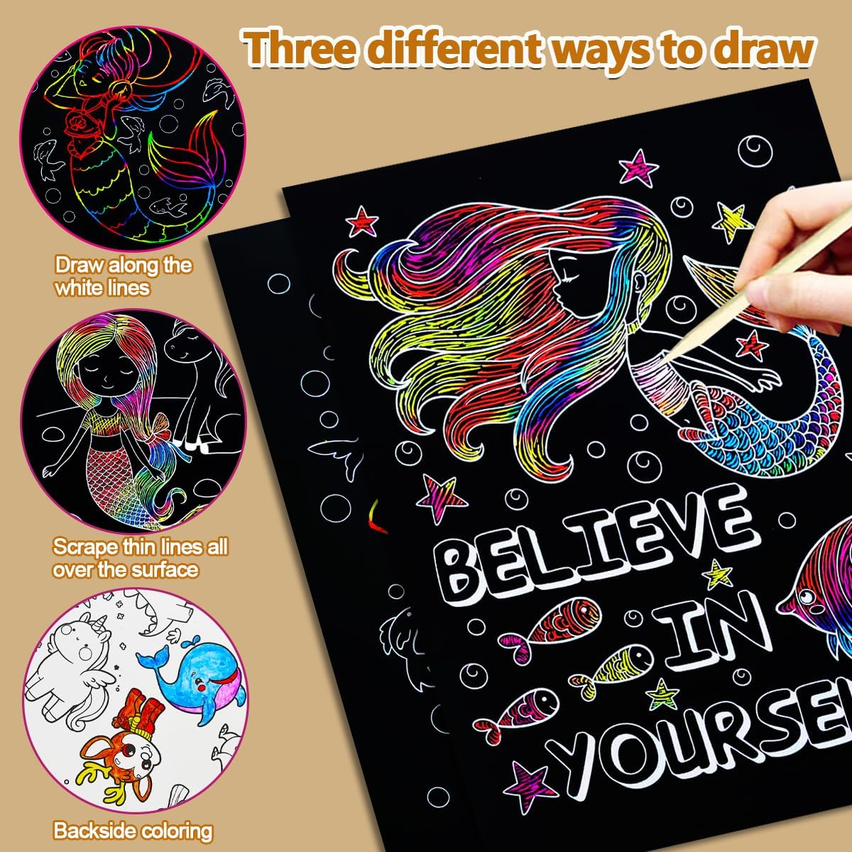 BAOXUE Scratch Art for Kids, Mermaids Black Rainbow Scratch Paper Set-Arts And Crafts & Supplies, DIY Activity & Party Games, Mermaid Toys Gifts for Toddlers, Girls