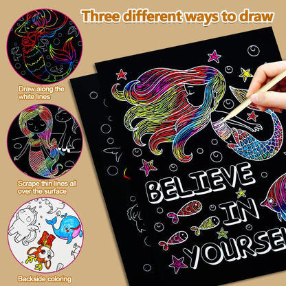 BAOXUE Scratch Art for Kids, Mermaids Black Rainbow Scratch Paper Set-Arts And Crafts & Supplies, DIY Activity & Party Games, Mermaid Toys Gifts for Toddlers, Girls