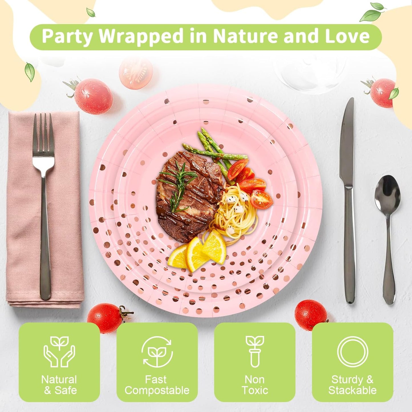 LANLISA 50 Pcs Pink Paper Plates Disposable, 25-9" & 25-7" Disposable Birthday Cake Dessert Plates For Valentines Day, Baby Shower, Easter Party, Mothers Day Party Supplies