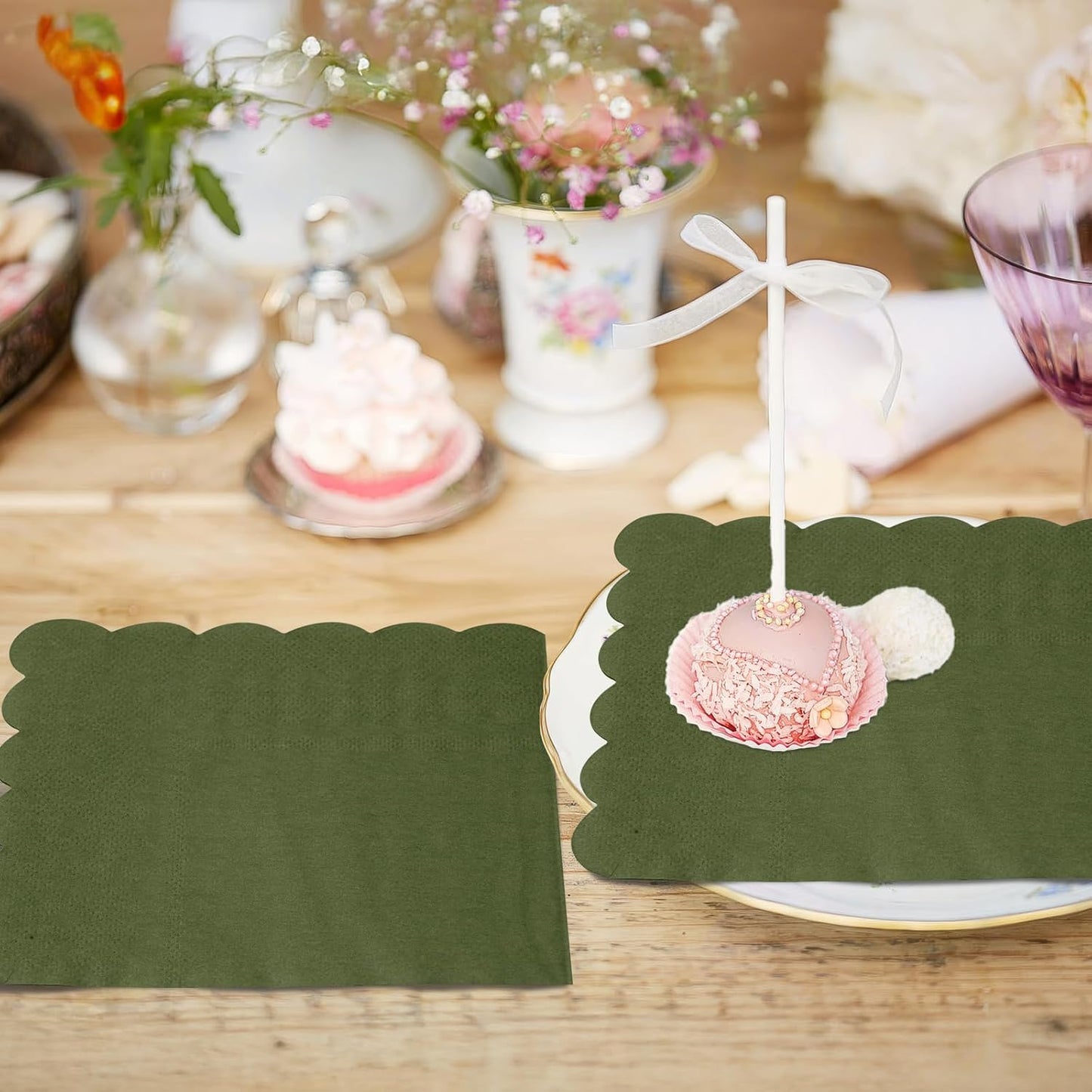 100 Pcs Cocktail Napkins, 2-Ply 5 x 5 Inches Disposable Scalloped Napkins, Thick Premium Dessert Napkins for Party, Wedding, Dinner, Birthday, Anniversary, Festival (Sage Green)