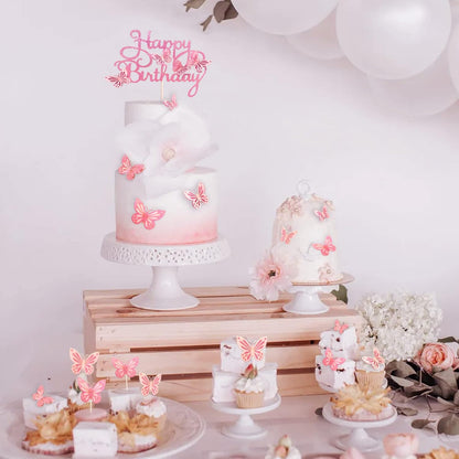 13-Pieces 3D Butterfly Cupcake Topper for Girls Women's Happy Birthday Cake Decorations Party Decorations(Pink)