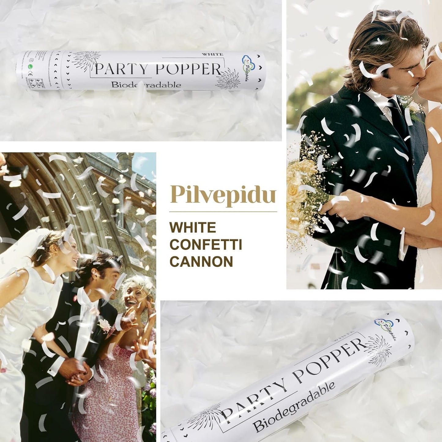 White Mix Gold Rice Confetti Cannon,6Pack Biodegradable Mulitcolor Confetti Poppers Party Shooters,12inch Party Poppers For Lawns Wedding,Birthday,Celebrations,Photo Shoots and New Years.