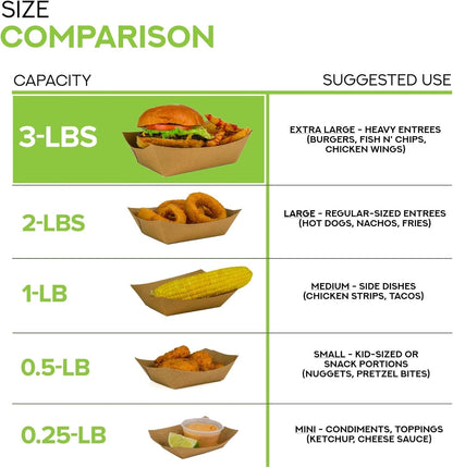 [250 Pack] Medium Disposable Brown Kraft Paper Food Trays, 1-Lb Concession Tray, Serving Boats for Party Snacks, Taco Bar, Seafood, Nachos Plates