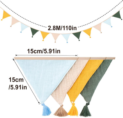G2PLUS Cotton Fabric Bunting Banner, 9Ft Green Triangle Pennant Banner Flag, 12pcs Double-Sided Bunting Garland with Tassels for Birthday, Nursery, Baby Shower, Classroom Hanging Decor