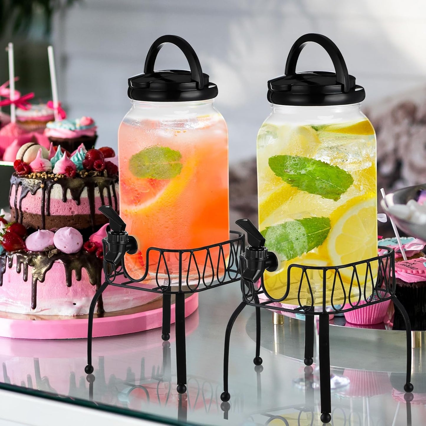 Tanlade 2 Pcs Plastic Drink Dispenser with Stand Beverage Dispenser with Sturdy Metal Base Juice Jar for Parties Lemonade Jar Spigot for Weddings Countertop Water, Each 1 Gallon (Gold)