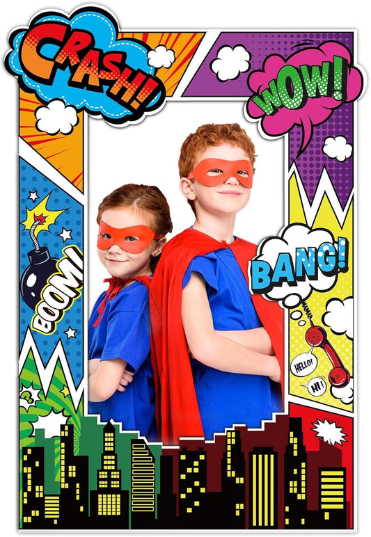 Comic Hero Photo Prop Colorful Hero Party Props Accessories Comic Book Photo Booth Frame Cartoon Birthday Party Decor for Boys Girls Kids Family Cartoon Birthday Supplies 21.57×31.50 Inches