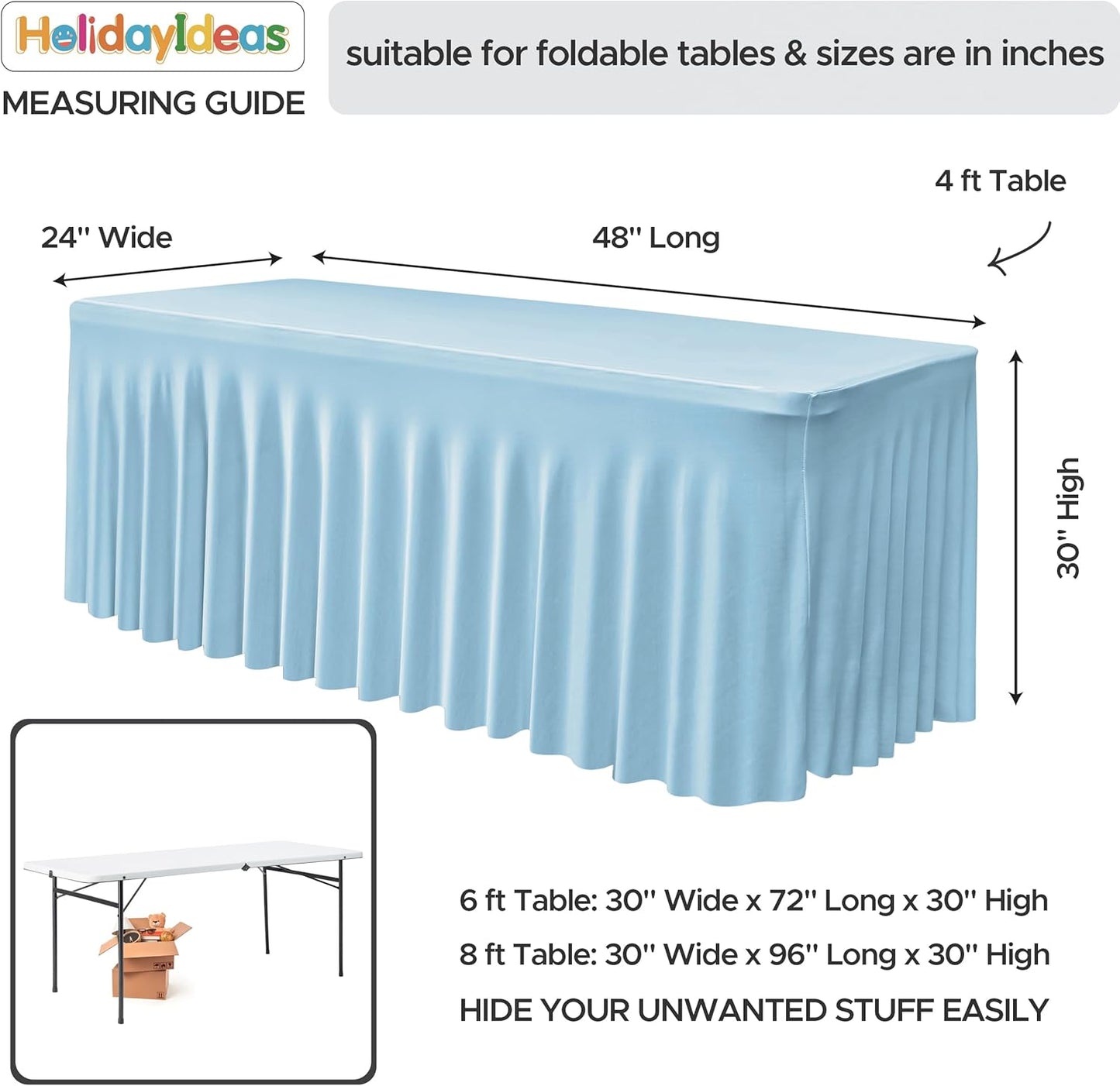 HolidayIdeas 2 Pack Spandex Table Skirt for 6 Ft Rectangle Tables, Black Fitted Stretch Tablecloth 30 x 72 Inch, Wrinkle Resistant Ruffle Design for Wedding Banquets, Trade Shows, Parties