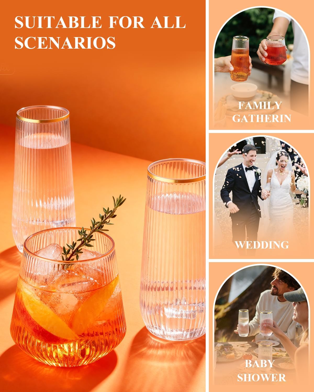BESTSTAR 48 Pack Disposable Ribbed Origami Ripple Plastic Glasses Set - 24 9 OZ Stemless Champagne Flutes & 24 12OZ Cups, BPA-Free Shatterproof Clear Drinkware for Weddings, Parties & Events (Clear)