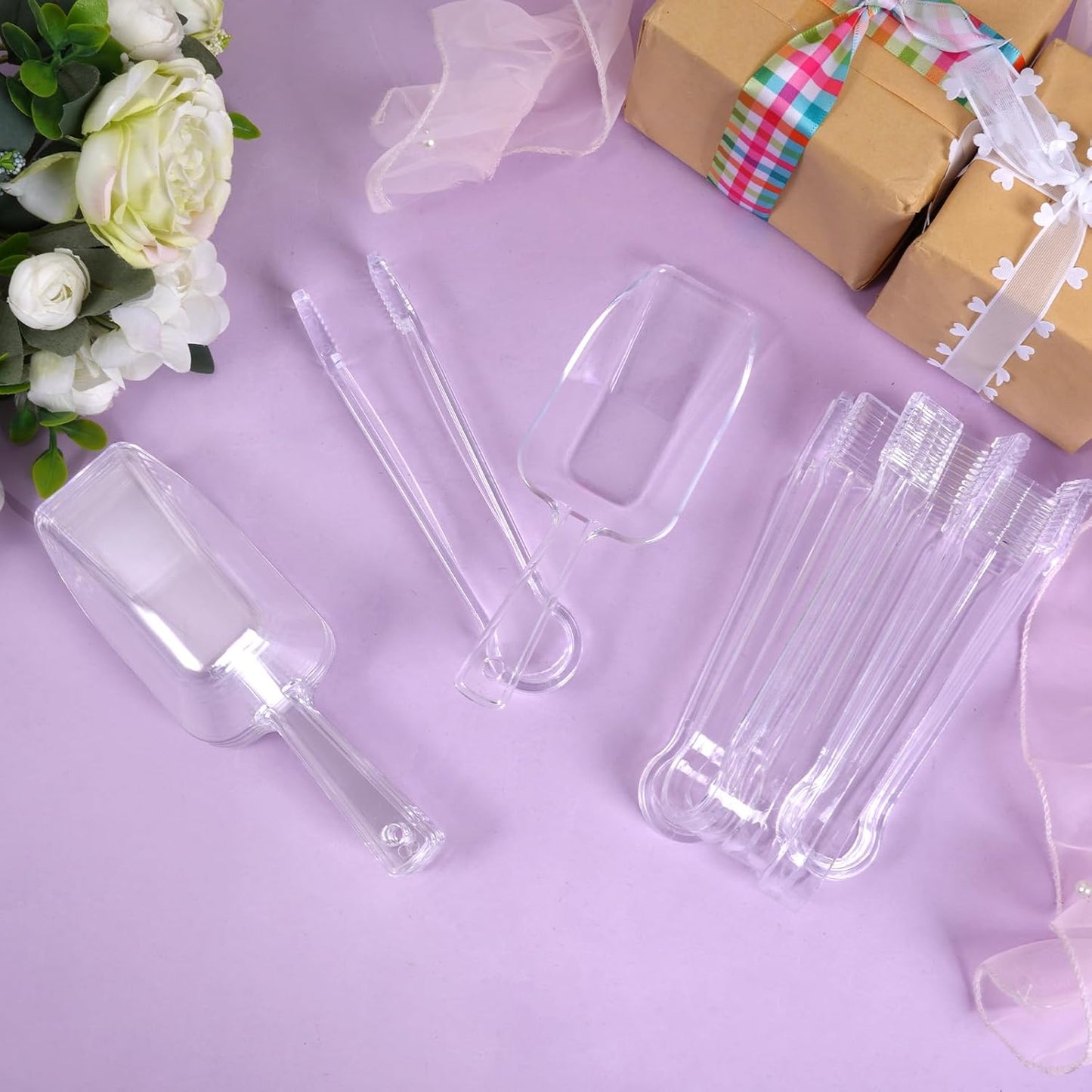 12Pcs Clear Plastic Ice Scoops Tongs Set, Small Tongs for Serving Food, Mini Candy Scoops for Candy Buffet Dry Goods Freezer Bin Canisters (Clear Pink)