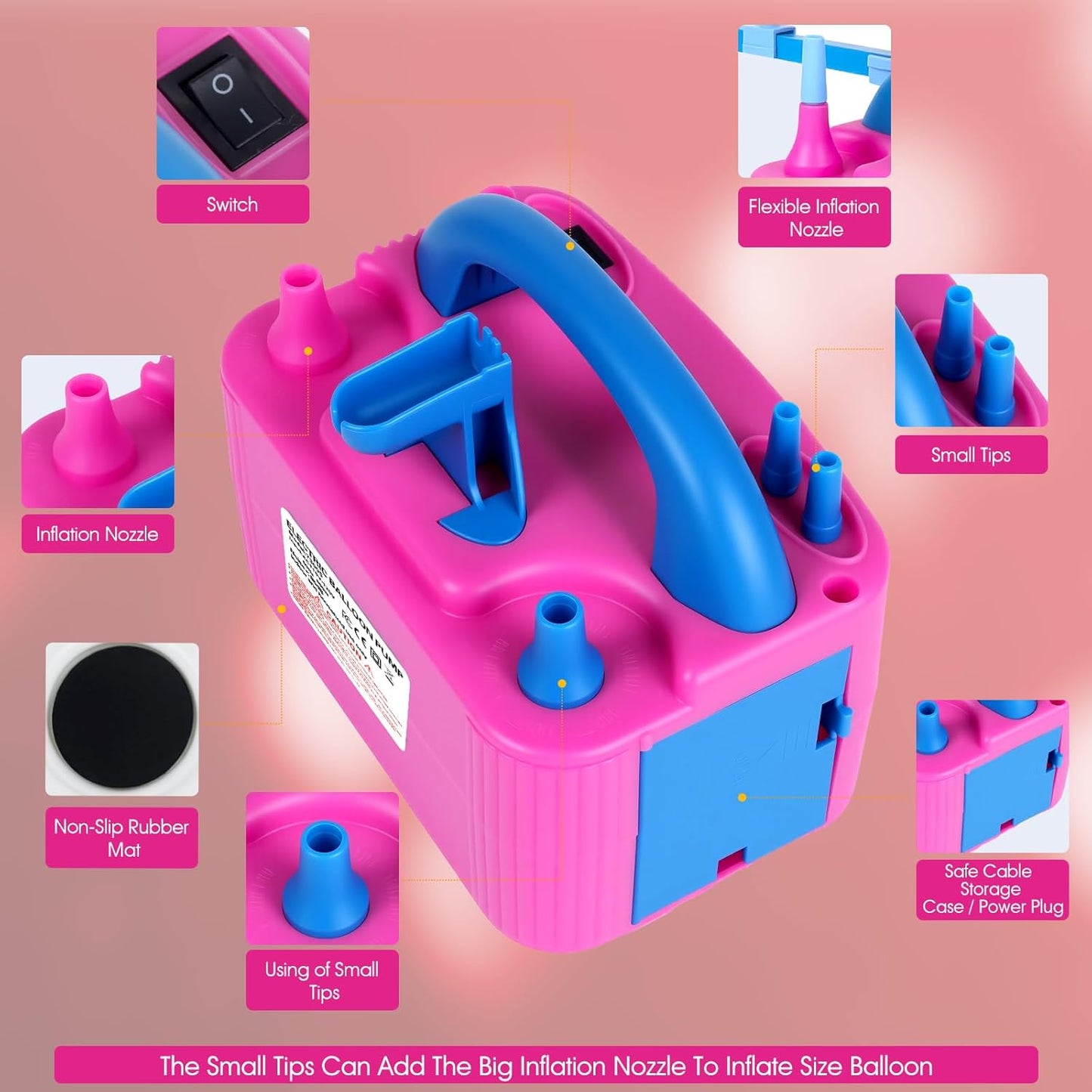 Electric Balloon Pump,110V 600W Portable Dual Nozzles Balloon Pump,Air Pump Balloon Blower for Party Decorations with Tying Tool