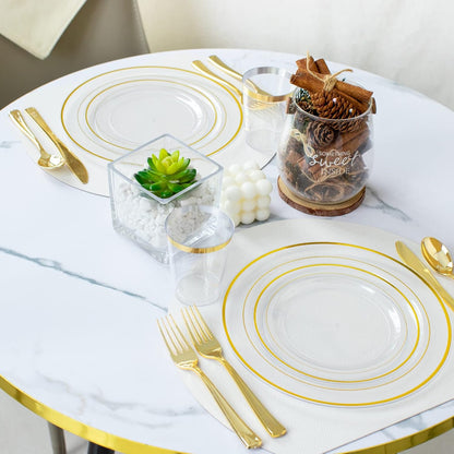 I00000 102 Pieces Gold Plastic Plates, Disposable Party Plates White Gold Rim, 51 Disposable Gold Dinner Plates 10.25 Inch and 51 Disposable Dessert Appetizer Elegant Fancy Wedding Plates 7.5 Inch