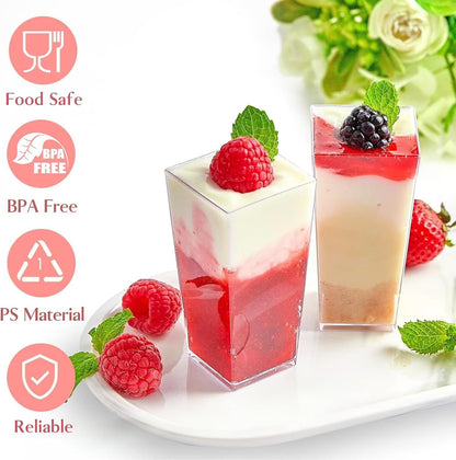 TOFLEN 50 Pack 3 oz Square Mini Dessert Cups with Spoons Clear Plastic Dessert Shooter Cups for for Party, Yogurt, Parfait, Cheesecake, Pudding, Jello and Appetizers