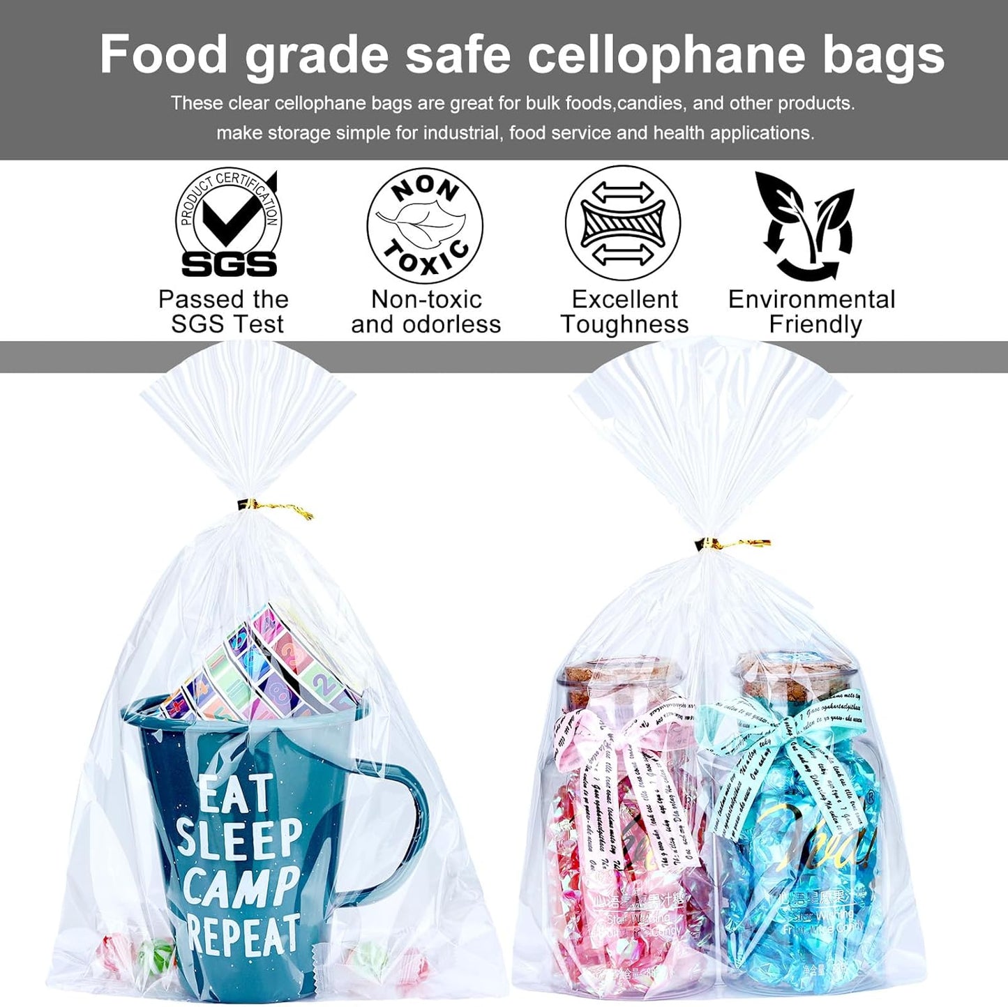 Clear Candy Bags 100pcs 6X10 Cellophane Treat Bag Party Favor Goodie Cake Pop Gift Apple Cello for Gift Baskets Bakery Cookie with Ties