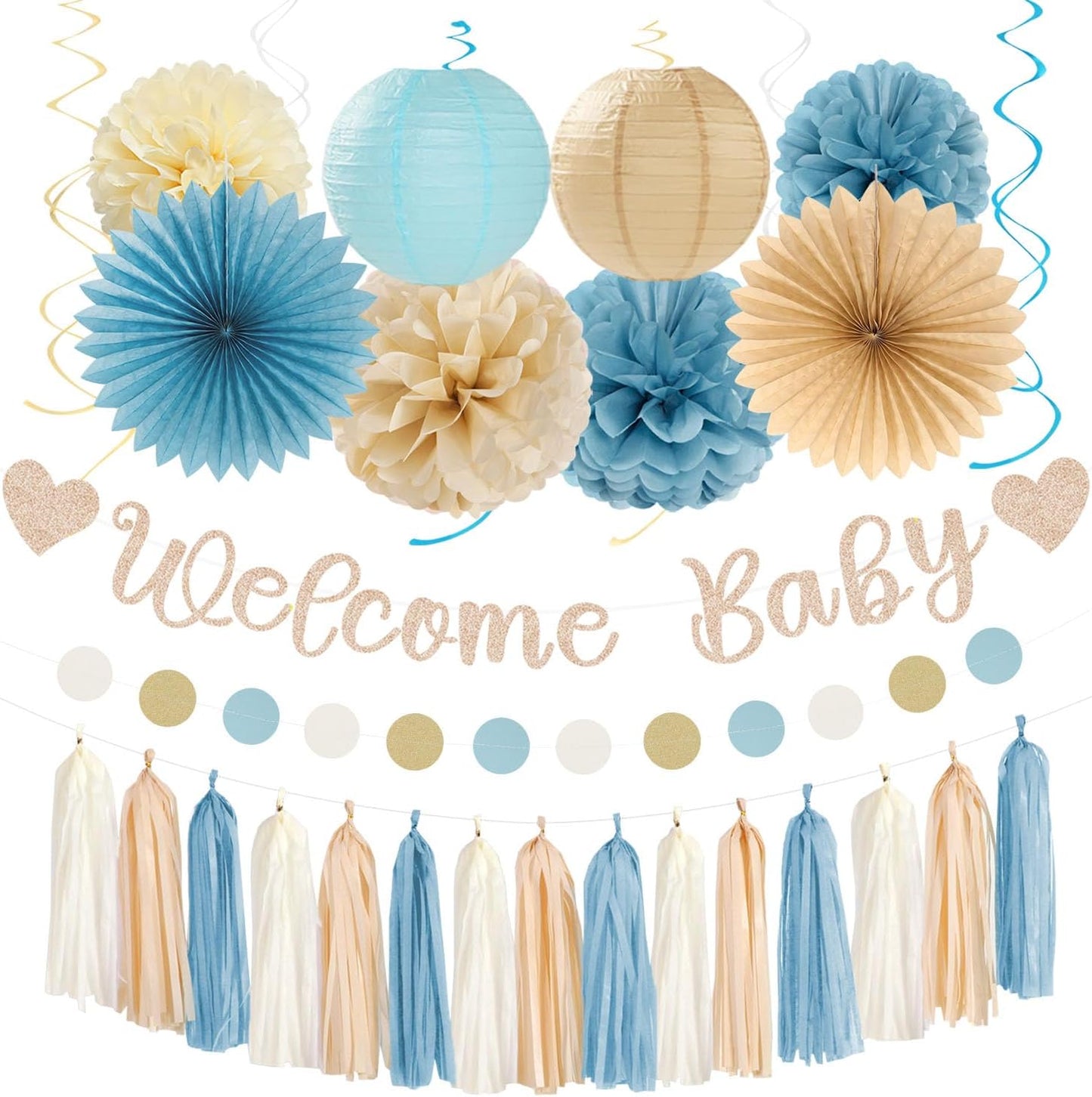 Champagne-Gold Beige Fall Baby-Shower Party-Decorations - 36pcs Welcome Home Banner Sign,Neutral Paper Lanterns,Girl Streamers Garland,Boho Hanging Tissue Pom Poms Flowers Fans Backdrop Decor Burgleda
