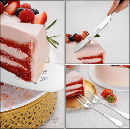 Wedding Cake Knife and Server Set, Stainless Steel Cakes toppers with Forks, Engraved Cake Cutting Set, Cutter Pie Spatula for Engagement, Birthday, Party, Christmas, Anniversary (Silver)